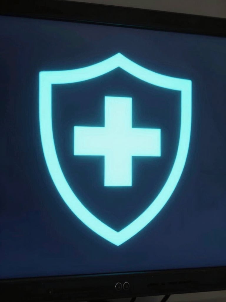 A stylized medical shield icon glowing with neon teal light, against a dark, high-contrast background, clinical photography, low-key monitor glow, cool blue and slate tones, sharp macro focus, 35mm