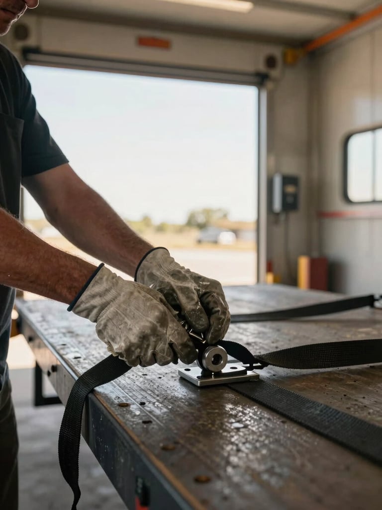 Close-up documentary shot of hands securing cargo straps on a flatbed trailer in a Texas loading bay, early morning daylight streaming in from the open bay door, worn work gloves and steel hardware in sharp focus