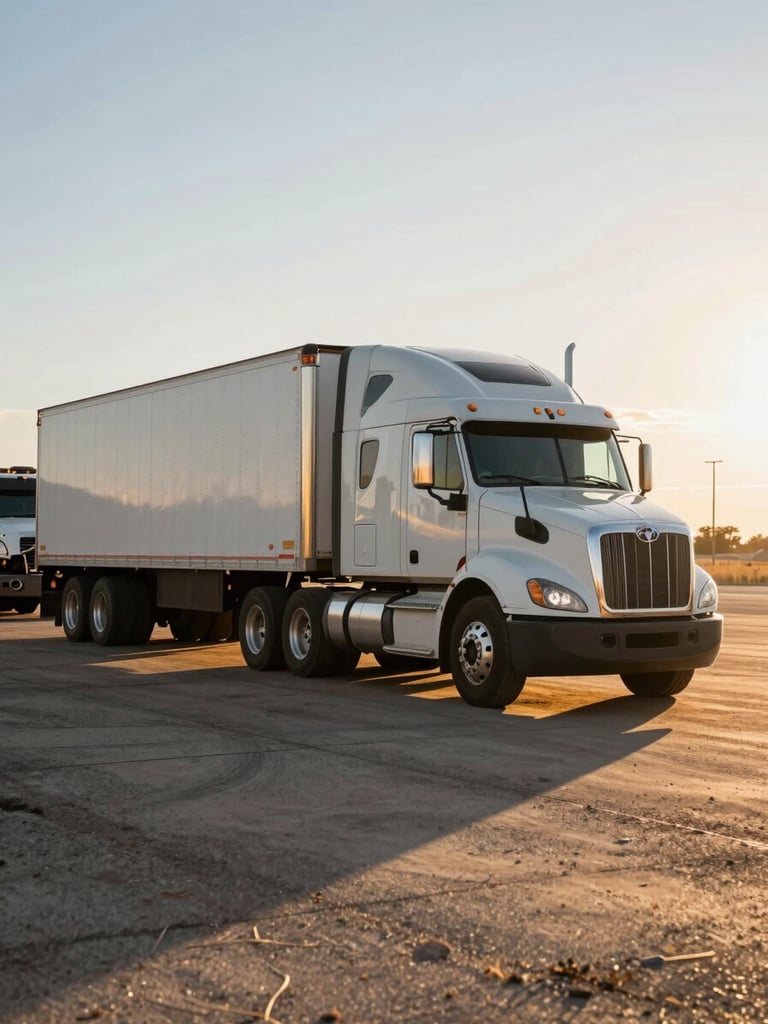 Single heavy-duty semi-truck staged at golden hour in a Texas freight yard, long shadow stretching across dry asphalt, trailer doors closed and sealed, no people, clear sky