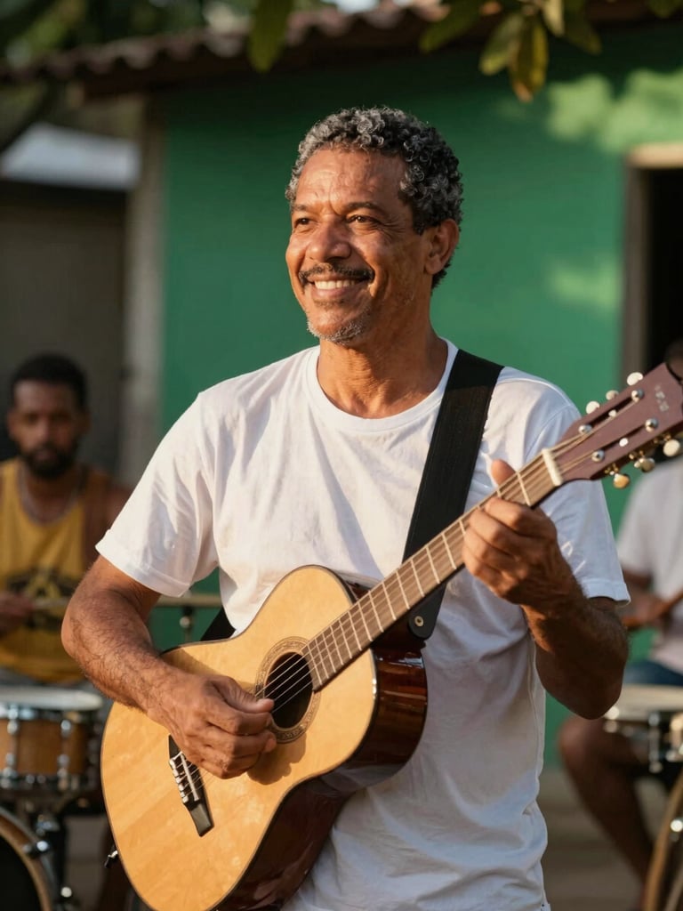 Beto Passos, um homem brasileiro de meia-idade, sorrindo e segurando um cavaquinho, em um ambiente informal de roda de samba ao ar livre com luz dourada de fim de tarde. Foco no rosto e no instrumento.