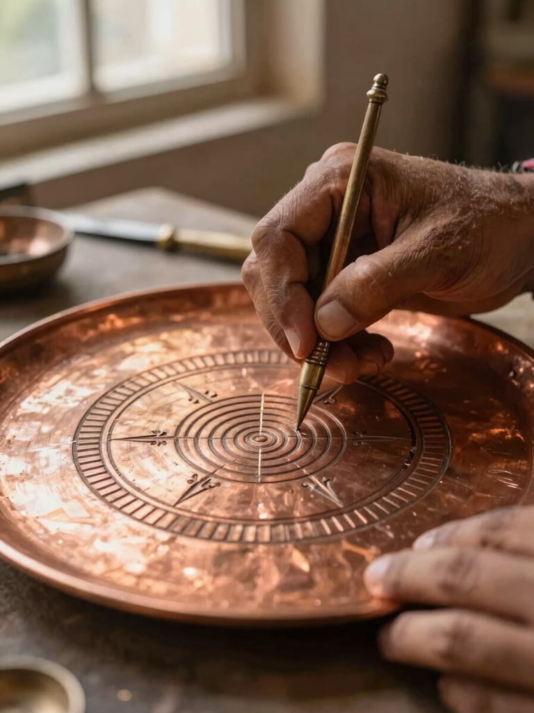 Hands of a traditional Indian artisan carefully etching sacred geometric lines onto a thick copper plate, warm workshop lighting, soft focus, authentic craft