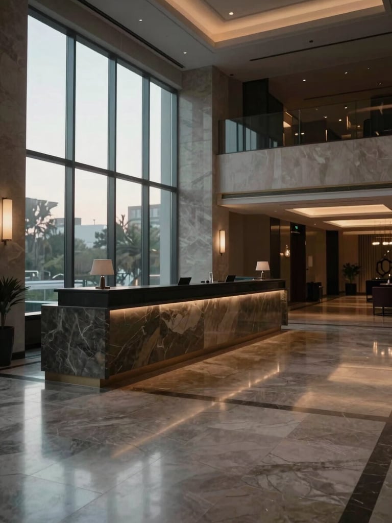Empty upscale hotel lobby at early morning, wide environmental shot, soft grey daylight filtering through floor-to-ceiling windows onto a polished stone reception counter, no staff or guests present, deep shadows in the background corridor