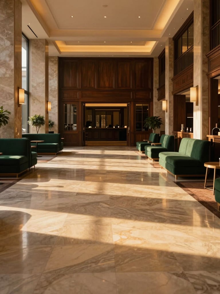Wide panoramic view of a grand hotel lobby at golden hour, shot from a low angle toward the far wall — marble floor reflecting warm amber light, dark wood panelling and deep forest-green upholstered seating to the right third, the space entirely empty of people, architectural columns framing the composition, soft shadow pools in the foreground