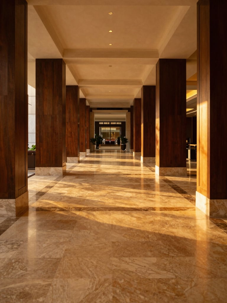 Wide panoramic view looking down a grand hotel lobby corridor at golden hour, empty of people — warm amber light raking across polished marble floors, dark timber columns framing the depth, a vanishing point of architectural precision, no figures visible