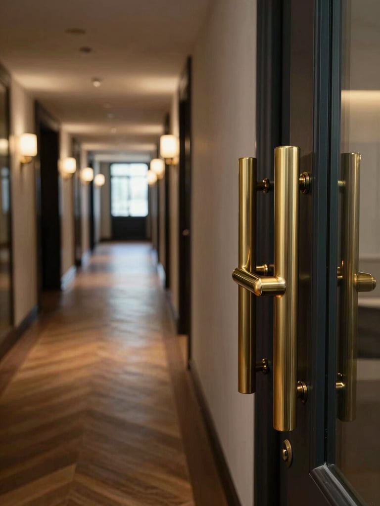 Close-up portrait-orientation shot inside an upscale hotel corridor, camera at mid-height looking along a receding hallway lined with warm-lit wall sconces, polished herringbone oak flooring stretching to a vanishing point, brass door hardware in sharp focus in the foreground right, cool natural daylight filtering from a window at the far end, no people present