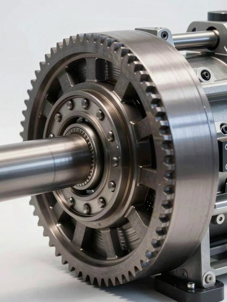 Tight technical detail shot of a conveyor drive unit cross-section, bright diffused studio lighting, gear teeth and bearing races visible with mechanical precision, cutaway view revealing internal architecture, no human figures