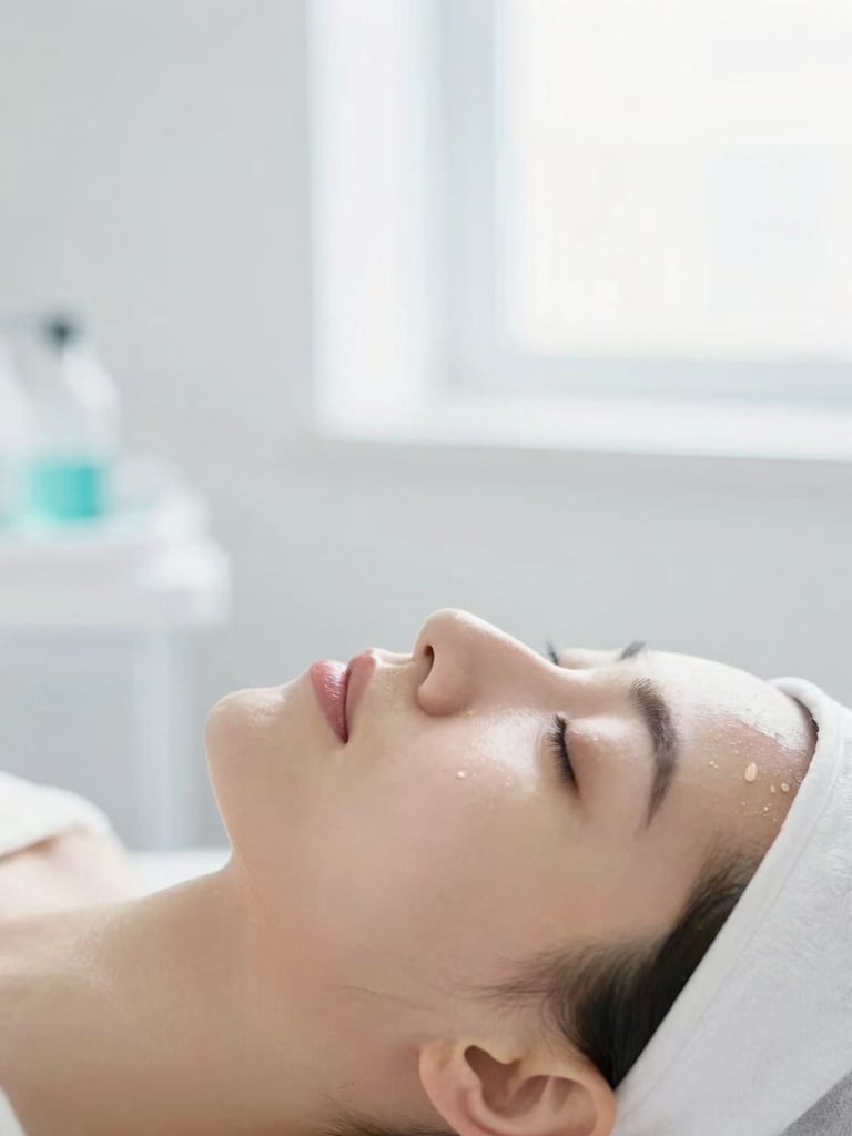 Close-up of a serene face resting during a gentle clinical skincare treatment, soft diffused natural daylight, pristine white background, shallow depth of field, 35mm editorial photography