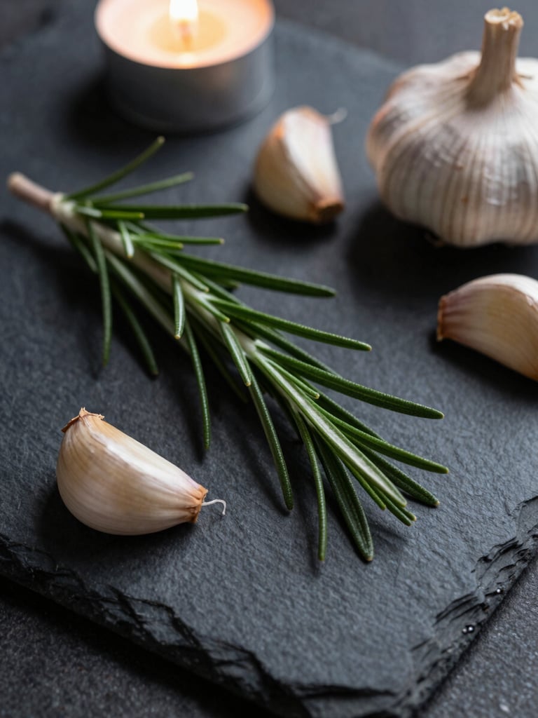 Macro shot of fresh rosemary and garlic cloves on a dark slate prep table, soft side lighting, rich organic textures, deep shadows.