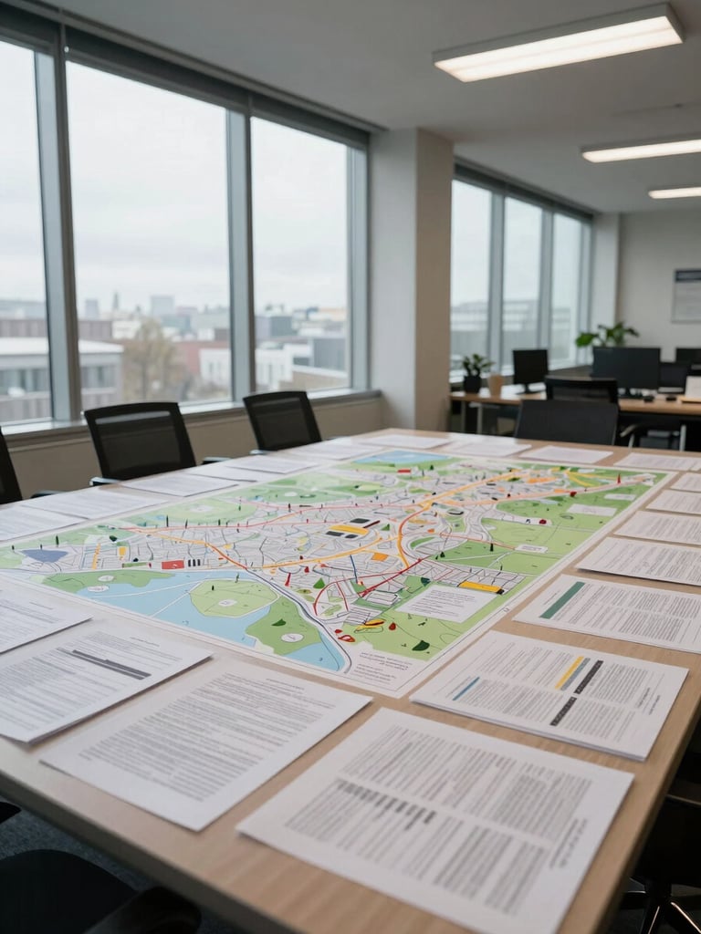 Wide-angle view of a policy analysis office interior, overcast daylight through tall windows, large printed maps covering a central table, documents and annotated field reports spread across the surface, no people visible