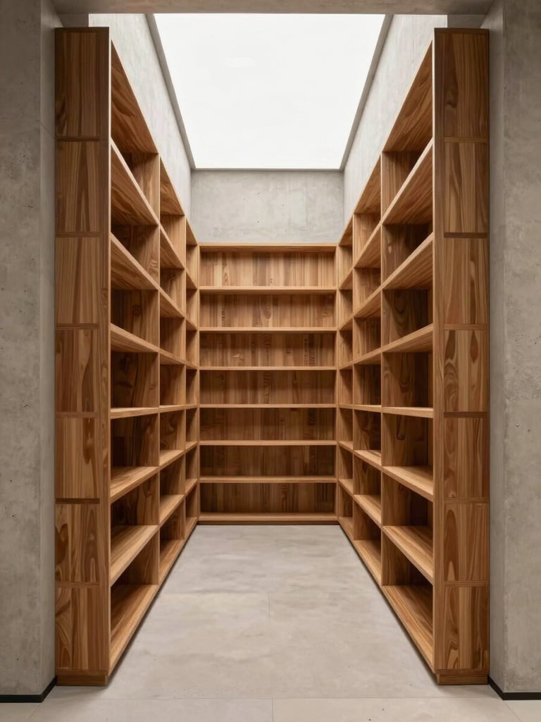 Architectural wide shot of a fully installed retail storefront interior — custom floor-to-ceiling shelving units in warm wood veneer fitted precisely into a mall corridor niche, clean geometric lines, bright even overcast daylight from a skylight above, no people, camera framing from a low-angle perspective that emphasizes the exact fit of cabinetry against concrete walls