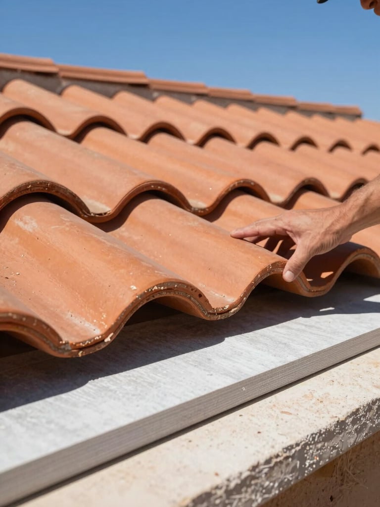 Detailed close-up of terracotta roof tiles being carefully aligned by a professional roofer, bright desert sun casting sharp shadows on double-layered underlayment.