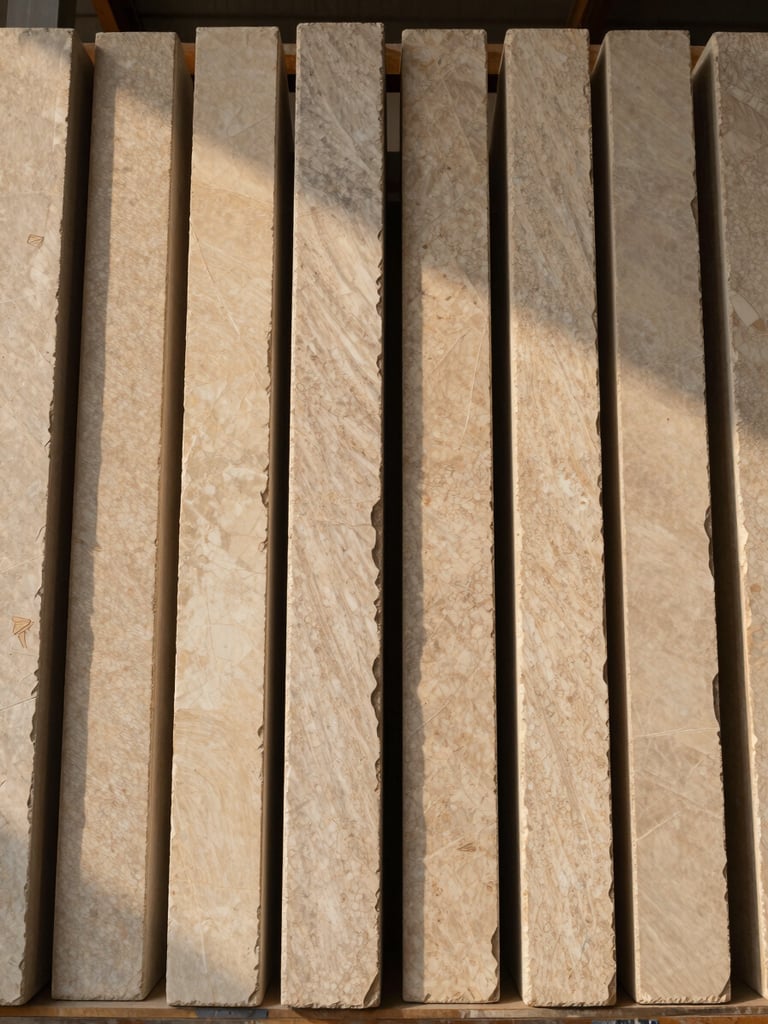 Overhead flat-lay view looking down a row of upright stone slabs in a warehouse rack, warm directional daylight raking across the faces to reveal surface variation and veining differences between adjacent slabs, warm neutral tones, no color correction