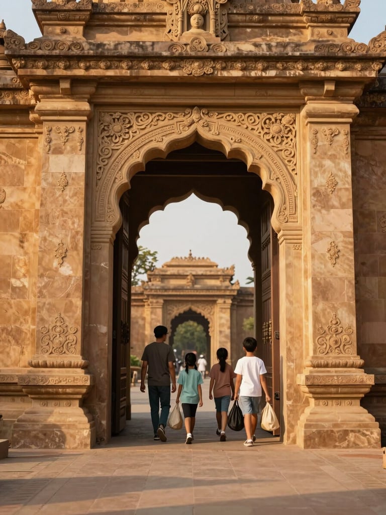 Wide environmental shot, a family of four walking through an ornate temple gateway in golden morning light, bags in hand, children slightly ahead, destination visible in the background, warm ochre stonework, daylight-dominant, no posing