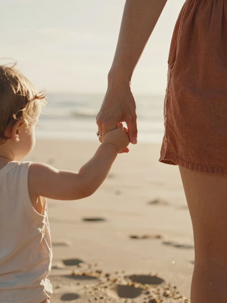 Candid close-up of a mother holding her toddler's hand while walking on a sun-drenched beach, soft golden backlighting, cinematic depth of field.