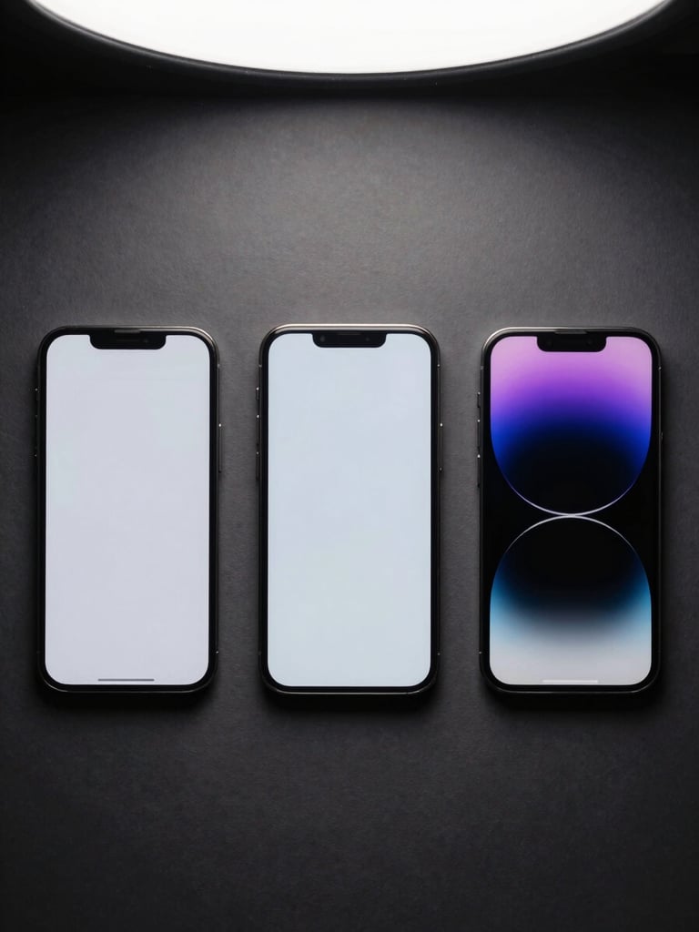 Portrait-orientation flat-lay of three different smartphones side by side on a dark matte surface, soft studio light from above, clean product photography, no branding visible on screen