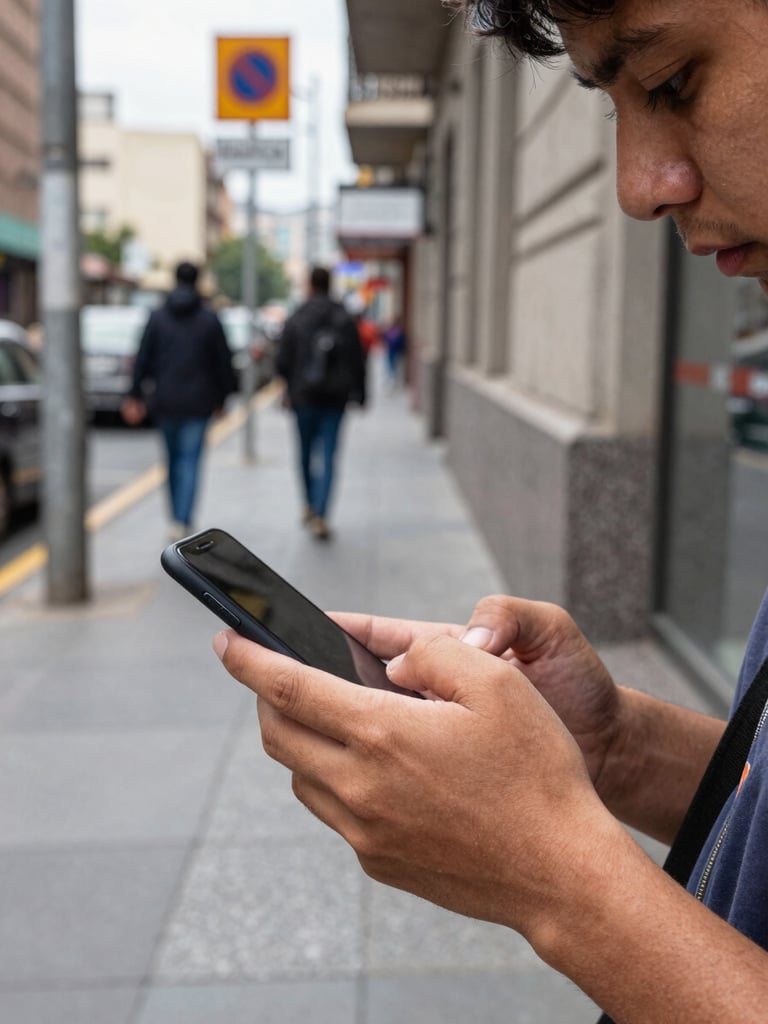 Close-up of young Chilean worker's hands holding a smartphone mid-use on a busy Santiago sidewalk, bright even daylight, concrete and street signage in the background, documentary framing, natural skin tones, no posed expressions
