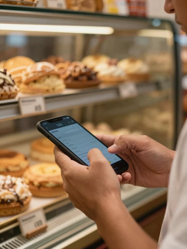 Close-up of a local merchant's hands securely typing on a smartphone inside a warm, sunlit Brazilian bakery, soft natural lighting, realistic shadows.