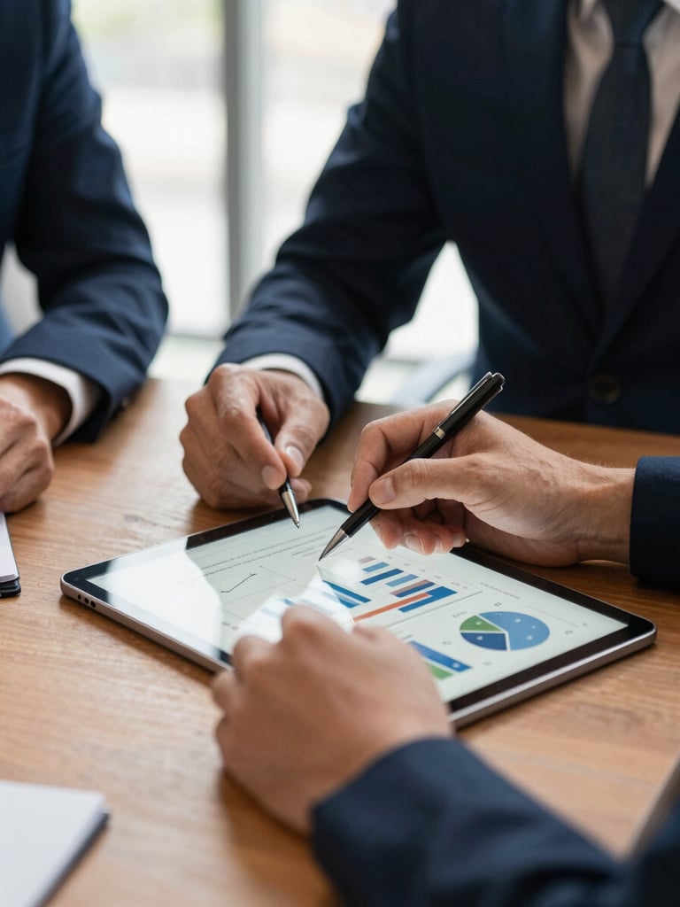 Close-up of a professional planning session in an office, a tablet showing sales charts, hands holding a pen, warm terracotta tones, natural window light