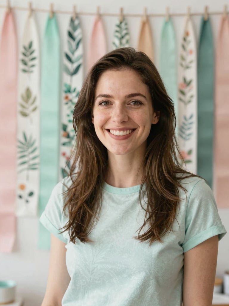 A warm portrait of a creative woman smiling in a bright studio filled with colorful ribbons and botanical prints, soft natural daylight.