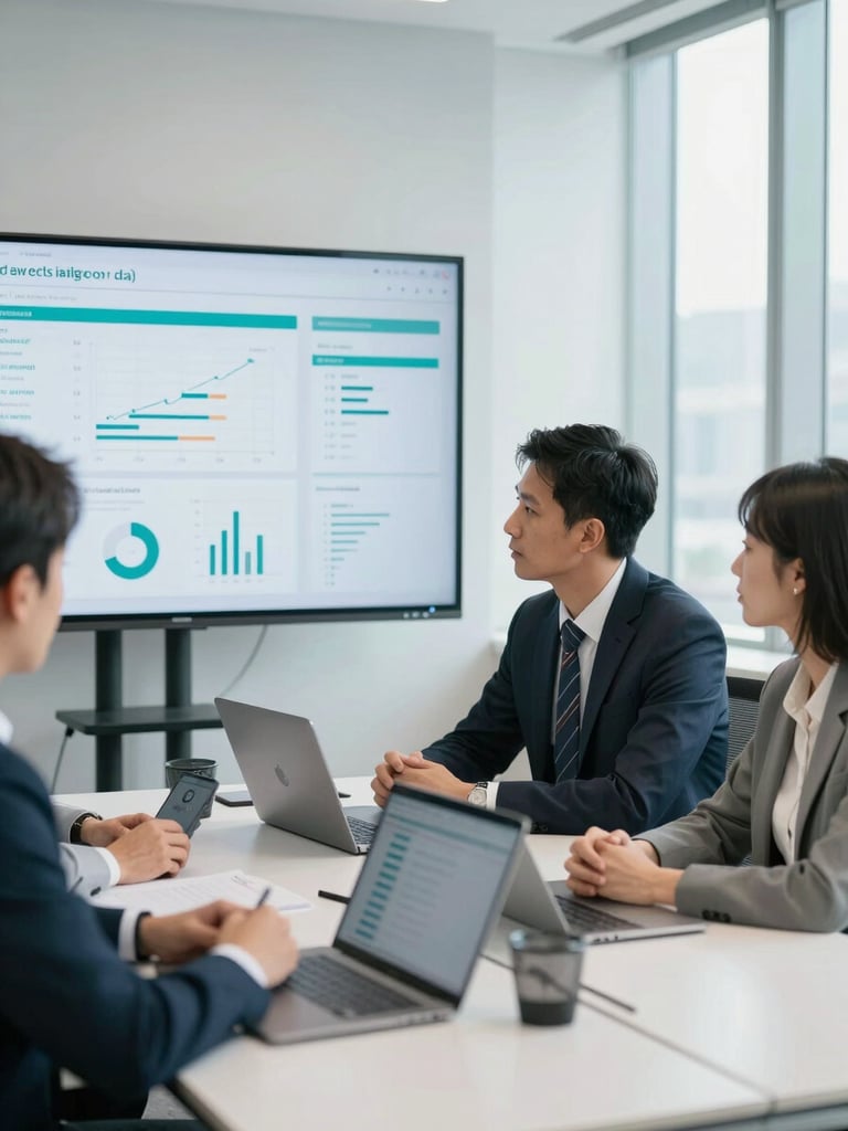 A professional collaborative meeting in a bright Toronto office, daylight with subtle teal accents, screens with clean data dashboards in background, sharp 35mm