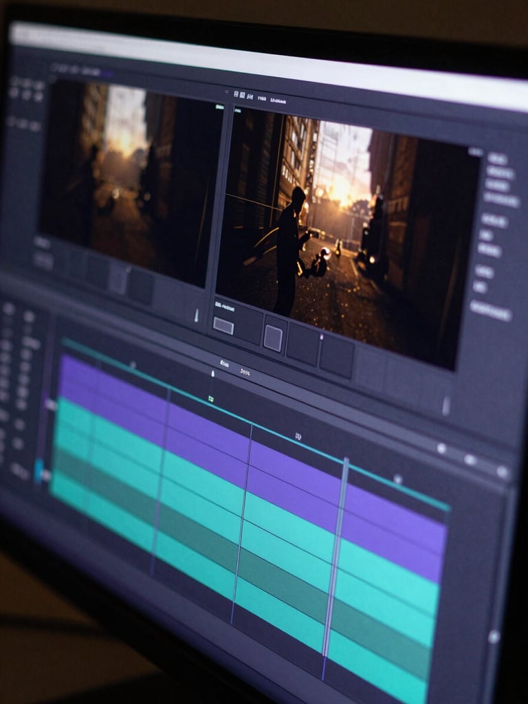 Close-up of a professional editing timeline on a dark monitor at night, purple and teal color grade visible on a video frame, deep shadows, neon light glow reflecting off the screen surface, sharp geometric framing