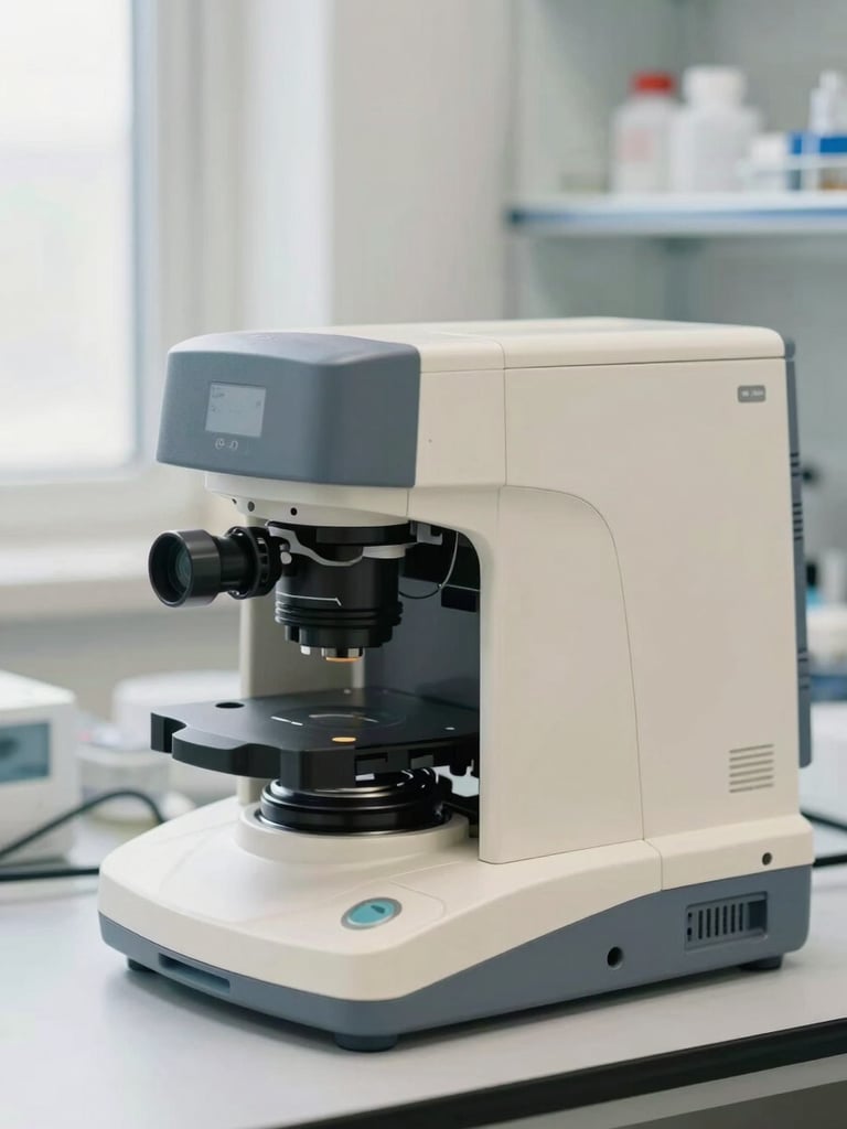 A clean laboratory setting focusing on high-tech embryology equipment, soft natural daylight, muted cool tones, shallow depth of field