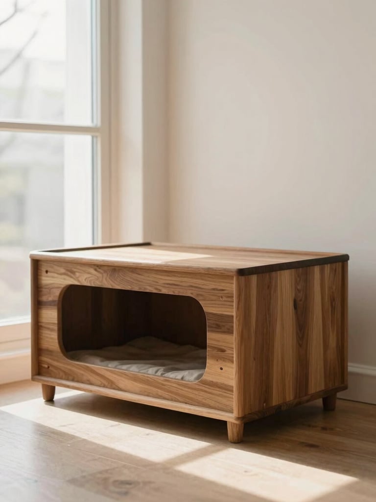 A beautifully designed wooden pet resting area in a sunlit room, soft natural light, minimalist apothecary-inspired styling, rich earth tones