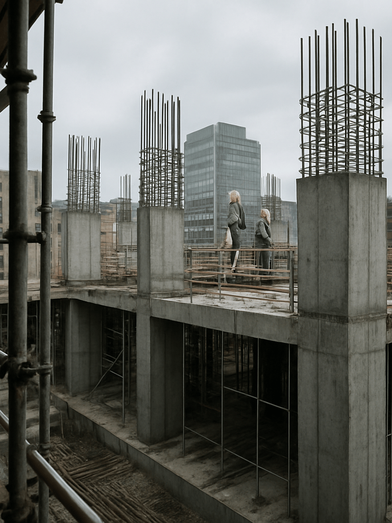 Construction site photographed from mid-level scaffold, exposed concrete columns and rebar structure in the foreground under overcast daylight, workers in hard hats operating at upper floors, urban building facades visible in the background, no staged poses
