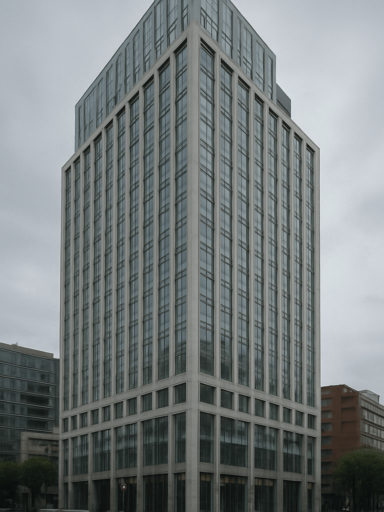 Wide street-level view of a completed modern commercial tower in Mexico City under overcast daylight, glass and concrete facade in sharp focus, surrounding urban context visible at the edges, documentary framing
