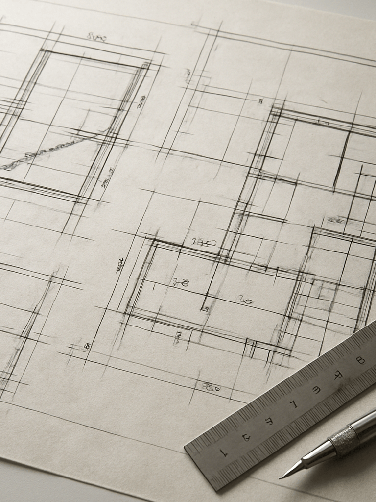 Architectural technical drawing laid flat on a white surface under diffused daylight, structural section cuts and floor plan annotations visible in ink on drafting paper, a steel ruler and mechanical pencil resting at the lower right corner, no people