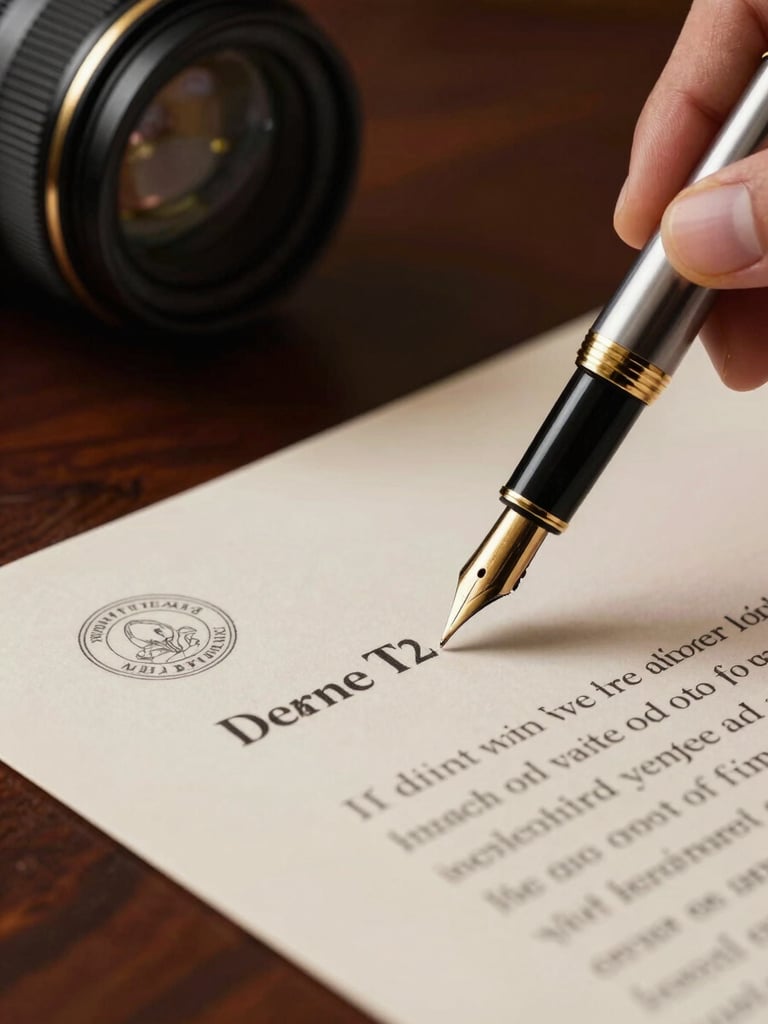 A close-up macro shot of a fountain pen signing a legal document with official stamps on a dark mahogany desk, warm side lighting highlighting the gold trim of the pen.