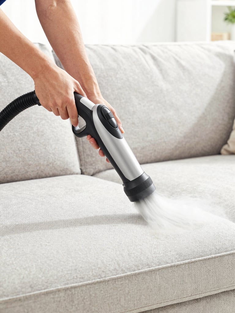 A close-up of a technician's hands using a professional steam-cleaning wand on a fabric sofa, lifting dirt, high-key natural daylight.