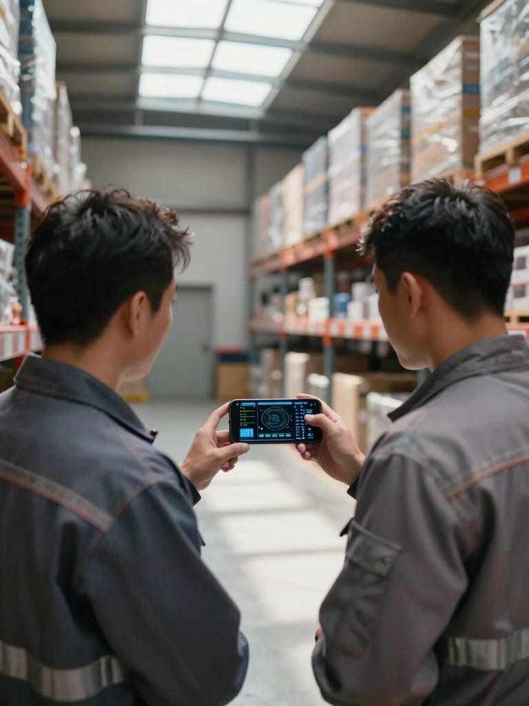 Tight environmental shot inside a warehouse, two workers side by side reviewing a live dashboard on a smartphone screen, natural daylight from high clerestory windows casting clean shadows across organized shelf rows in the background