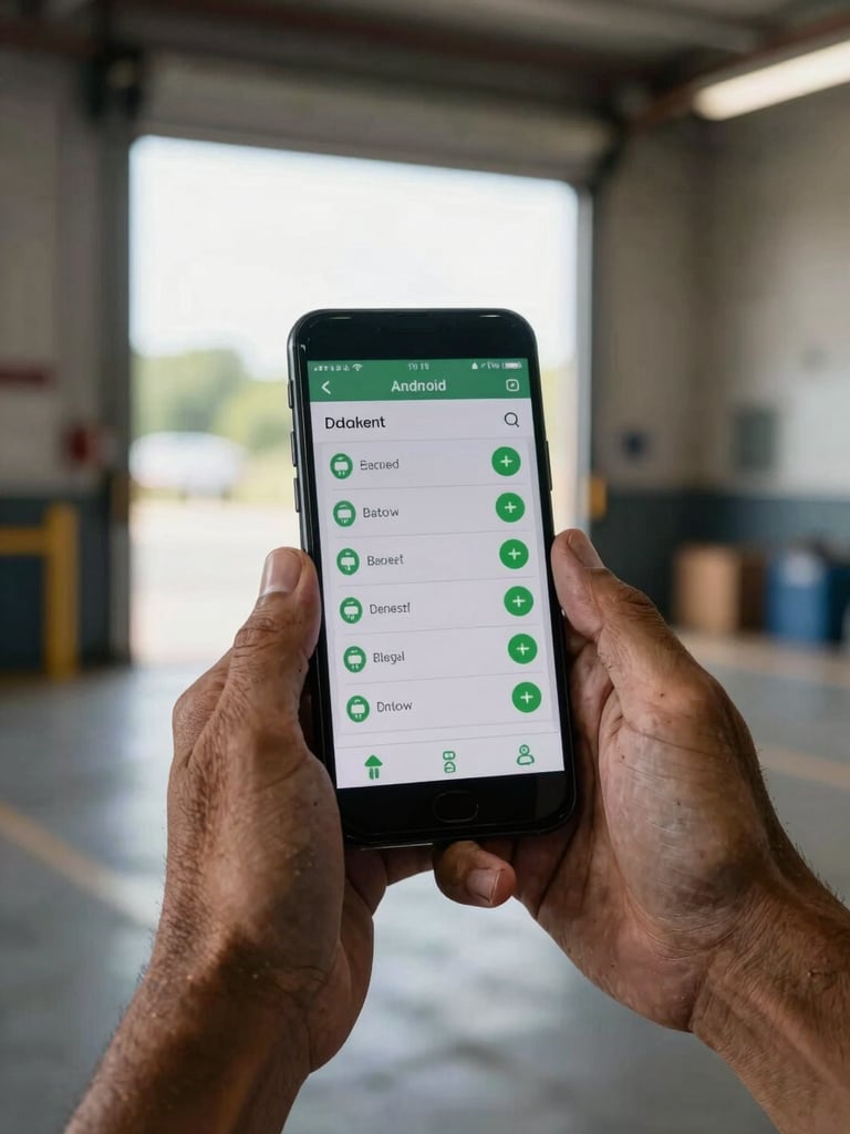 Close-up of weathered hands gripping an Android phone at waist height on a loading dock, screen showing a live shipment dashboard with green status indicators, natural daylight streaming through dock doors in the background, tight environmental framing, no staging