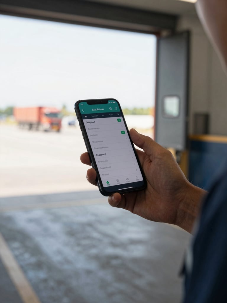 Close-up left-side frame: a logistics driver's hands holding an Android phone at a loading dock entrance, screen showing a live shipment dashboard, natural morning light, tight waist-up crop, concrete dock floor visible at the bottom edge