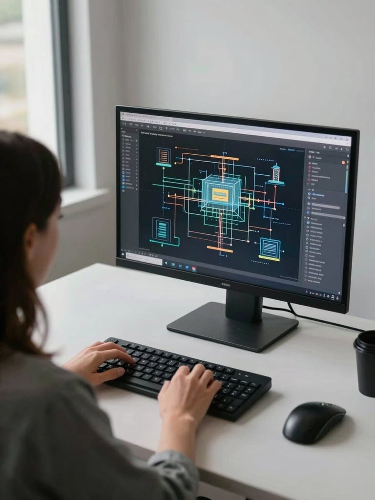 Over-the-shoulder wide shot of a woman at a sparse desk, monitor displaying an infrastructure diagram, natural office daylight from the left, hands resting on keyboard, minimal workspace, cool tones