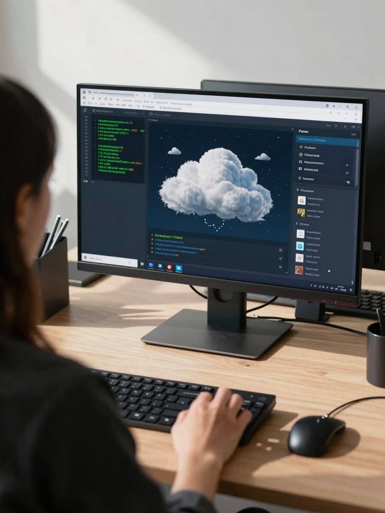 Over-the-shoulder view of a developer's monitor displaying a cloud infrastructure dashboard, green terminal output visible, sparse desk, bright shadowless office daylight from the left