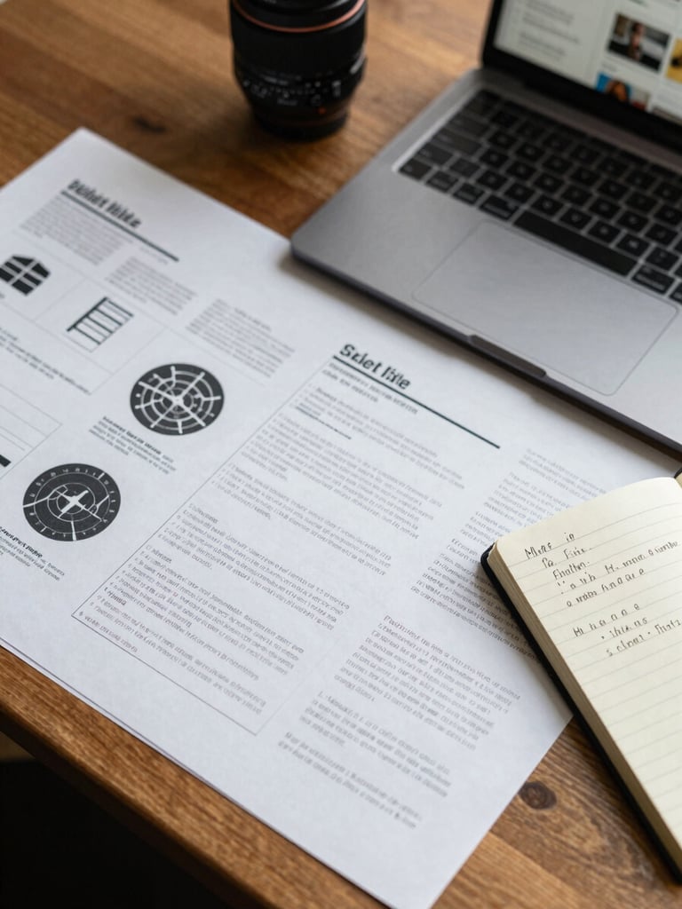 Close-up overhead flat-lay of a brand project in progress — printed layouts, a notebook open to handwritten notes, and a laptop screen showing design work, all on a warm oak desk under diffuse north-facing daylight