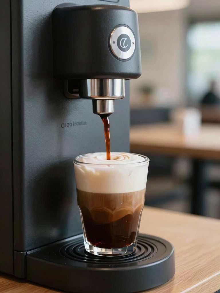 Un expresso chaud coulant parfaitement dans un gobelet premium depuis une buse de distributeur automatique, arrière-plan de bureau moderne flouté.