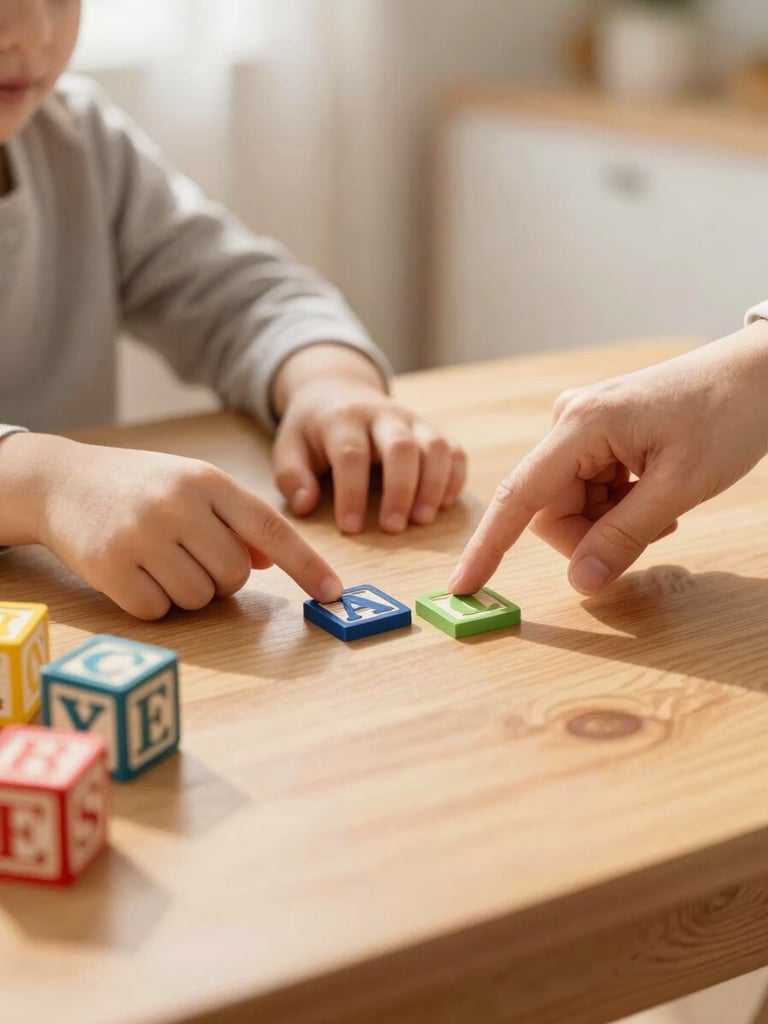 Close-up of a child's hands and a mother's hands pointing to colorful letter blocks on a warm wooden table, soft sunlit home environment, shallow depth of field.