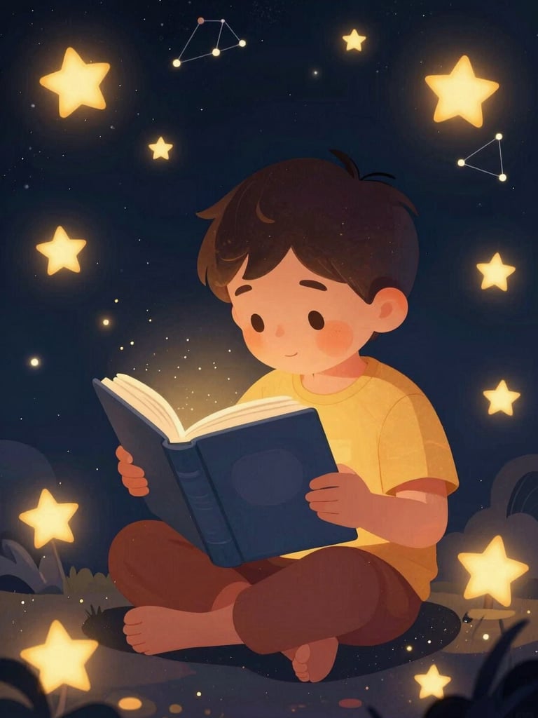 Ilustración infantil de alta calidad de un niño leyendo un libro gigante bajo la luz de las estrellas, rodeado de constelaciones brillantes, estilo mágico y tonos cálidos.