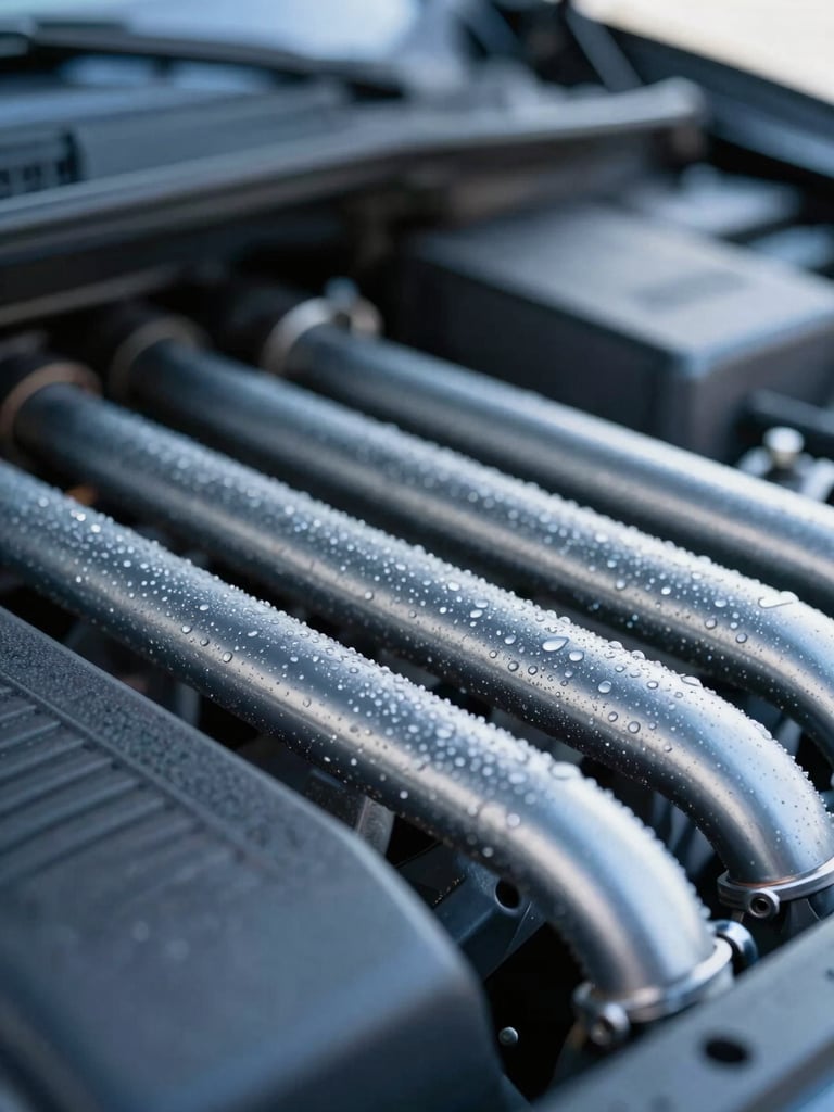 Macro shot of cold condensation on metal AC lines inside a car engine bay, sharp automotive photography, shallow depth of field