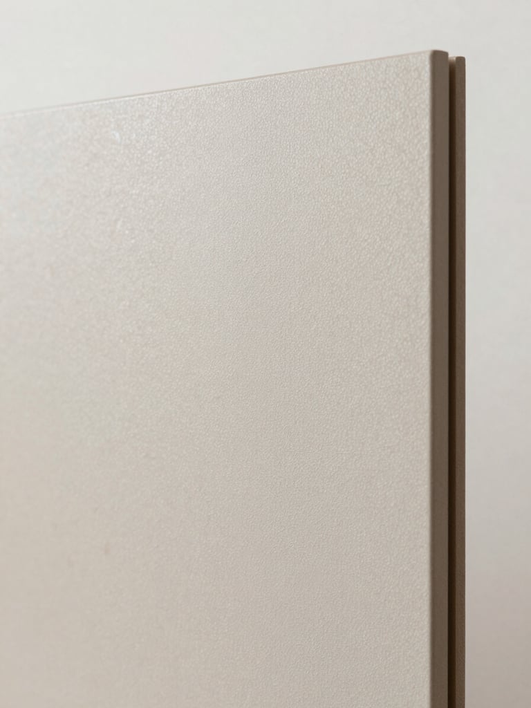 Extreme close-up of a pale ash decorative board surface under north-facing studio daylight, grain running diagonally, edge of the panel visible at right, cool off-white backdrop, no warming filter, material texture rendered at true scale