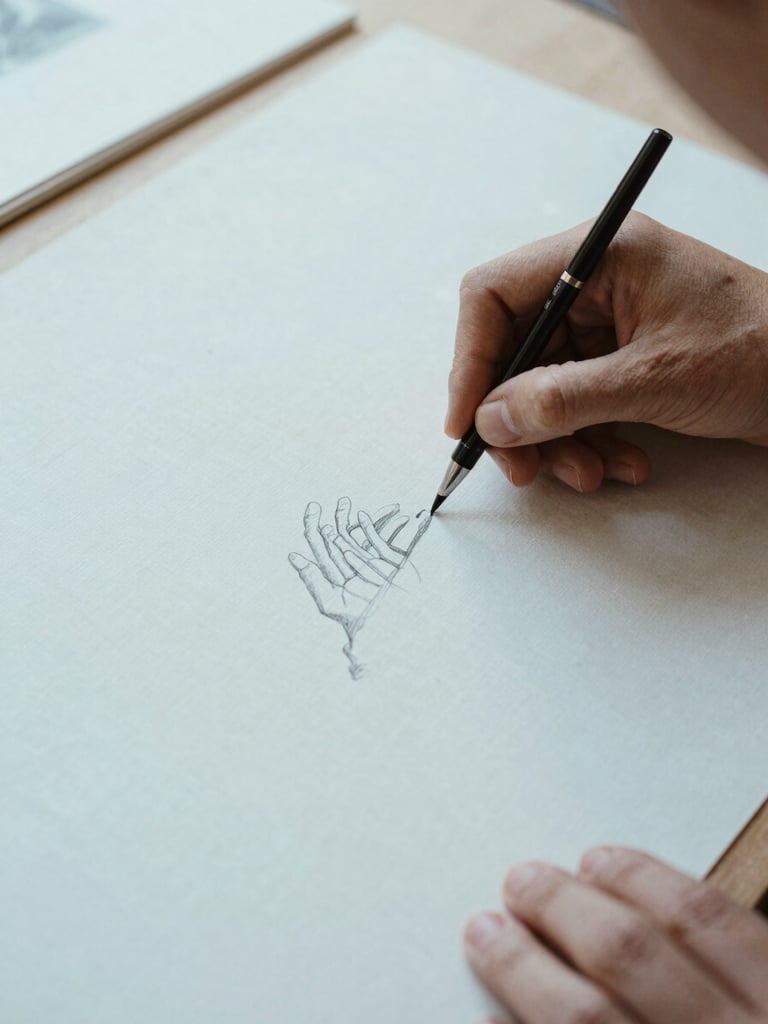 Hands carefully aligning a delicate charcoal sketch on a linen mat board, soft natural daylight, shallow depth of field, 35mm