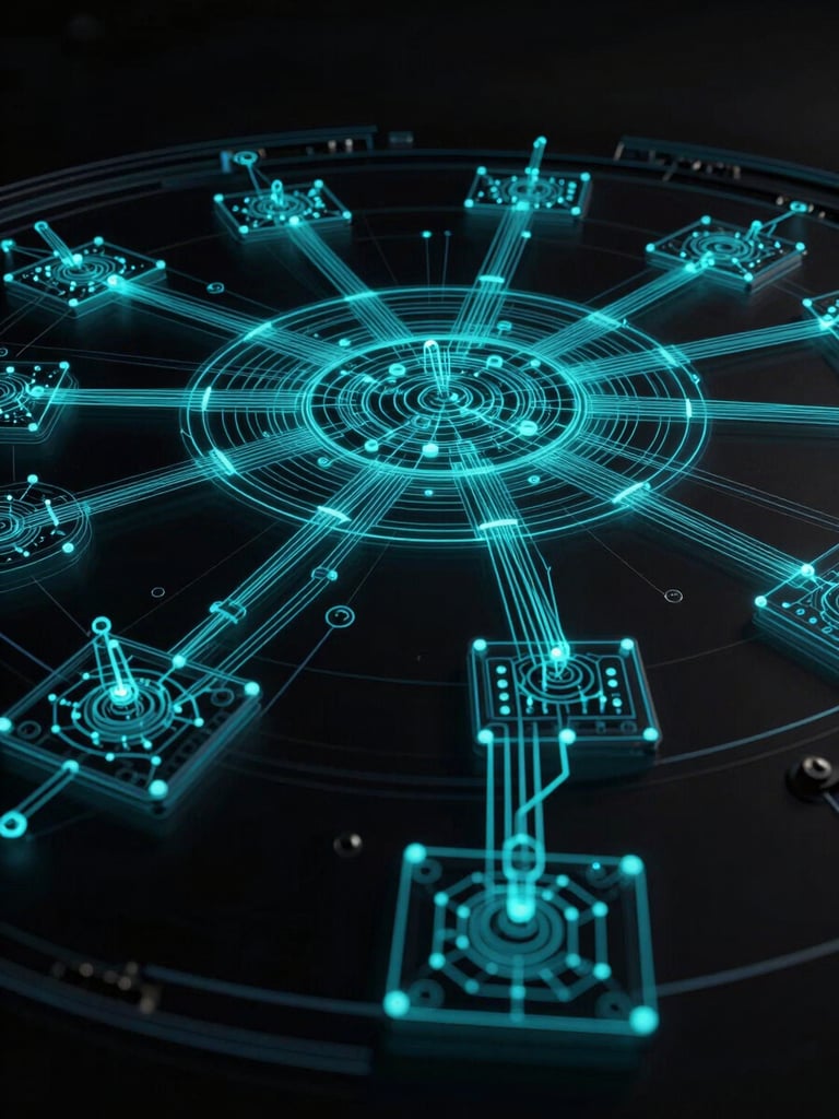 Panoramic wide shot of a network topology diagram rendered as glowing cyan data-flow lines on a near-black field, nodes pulse with precision, architectural schematic aesthetic, high contrast monochromatic with electric cyan accents, no people, studio technical precision