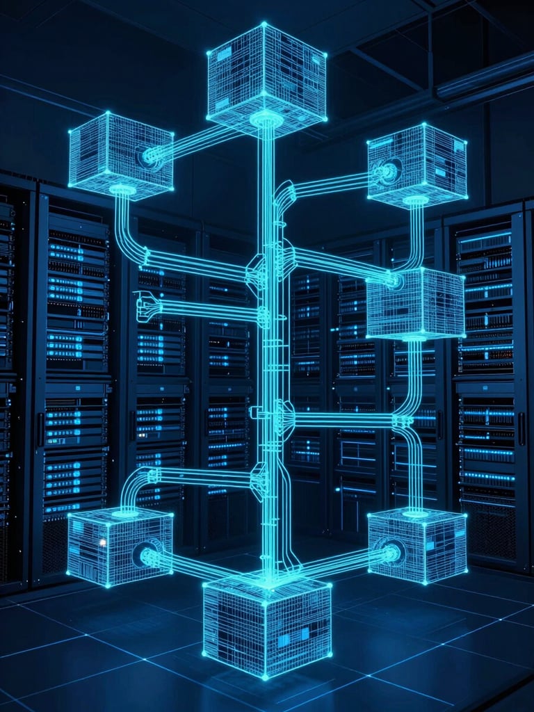Wide architectural view of a data center topology diagram rendered as glowing cyan line-work on deep navy — server nodes connected by precise fiber-optic pathways, overhead schematic framing, high-contrast monochromatic palette, no text or labels, clean technical blueprint aesthetic