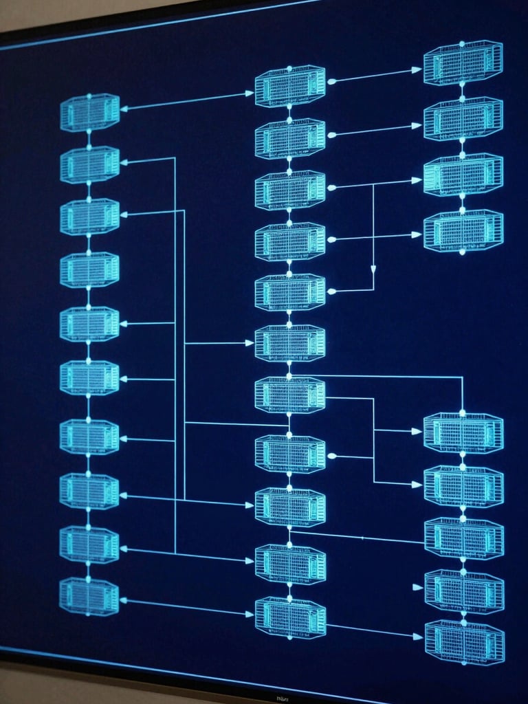 Wide architectural view from the left edge, a high-fidelity system topology diagram rendered as glowing cyan node-and-edge graph on deep navy background, precise geometric lines connecting labeled service layers, data-flow arrows mid-trace, schematic precision, no people, studio-controlled monochromatic lighting, blueprint register