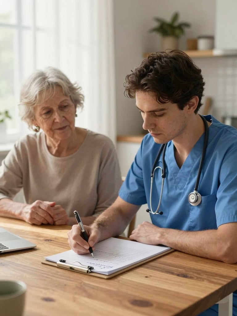Physiotherapist writing notes on a clipboard at a wooden table in a home kitchen, elderly woman seated nearby looking on with calm confidence, warm afternoon side light through curtains, handwritten care notes visible but not legible, domestic warmth in the scene