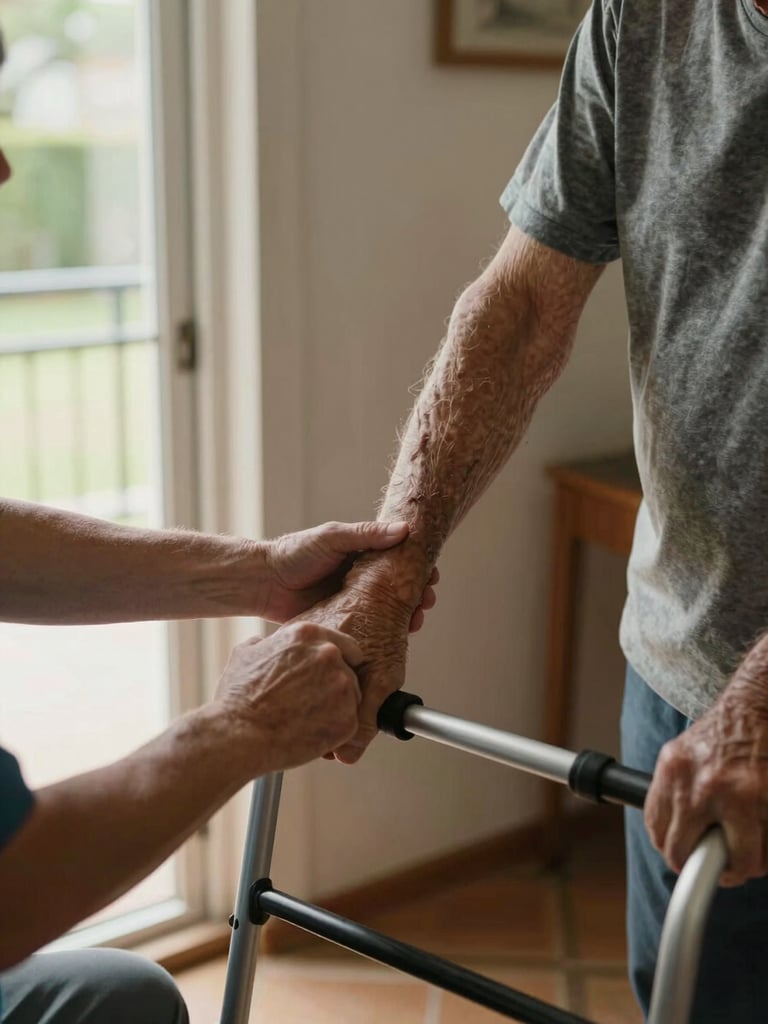 Close-up of a therapist's hands steadying an elderly man's forearm as he grips a walking frame near a sunlit doorway, warm diffused daylight from the left, the textures of a tiled home corridor in the background, quiet focus and trust visible in the posture of both