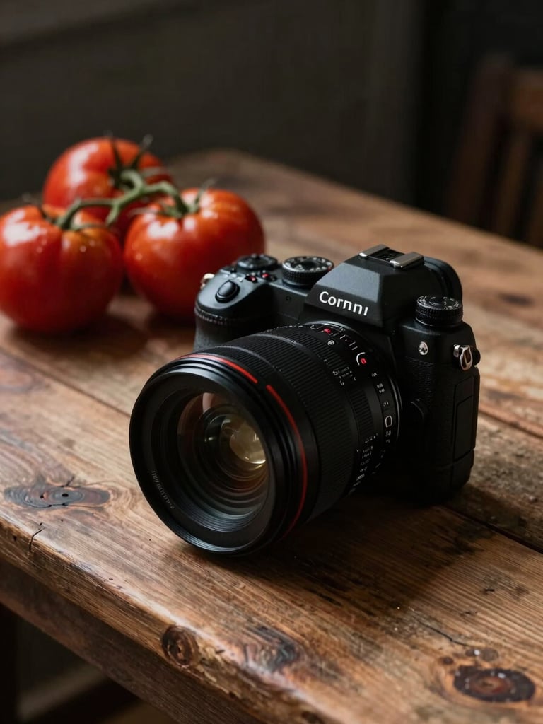 A professional camera lens resting on a rustic wooden prep table next to fresh, dusty heirloom tomatoes, low-key natural side lighting, moody Scandinavian shadows.